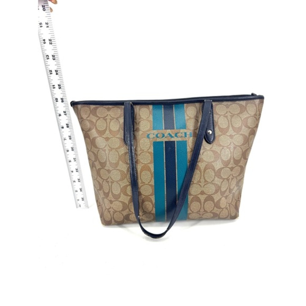 Coach City Tote Signature Canvas Varsity Stripe Brown Teal Navy‎ Zip Top Bag - Picture 6 of 9